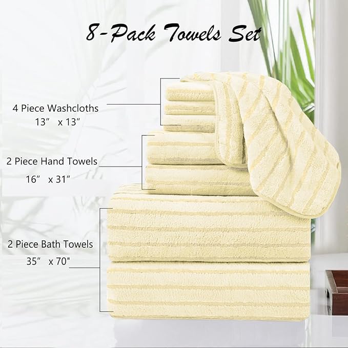 8 Pcs Light Yellow Cabana Stripe Bath Towel Set Oversize Bath Sheet-2 Bathroom