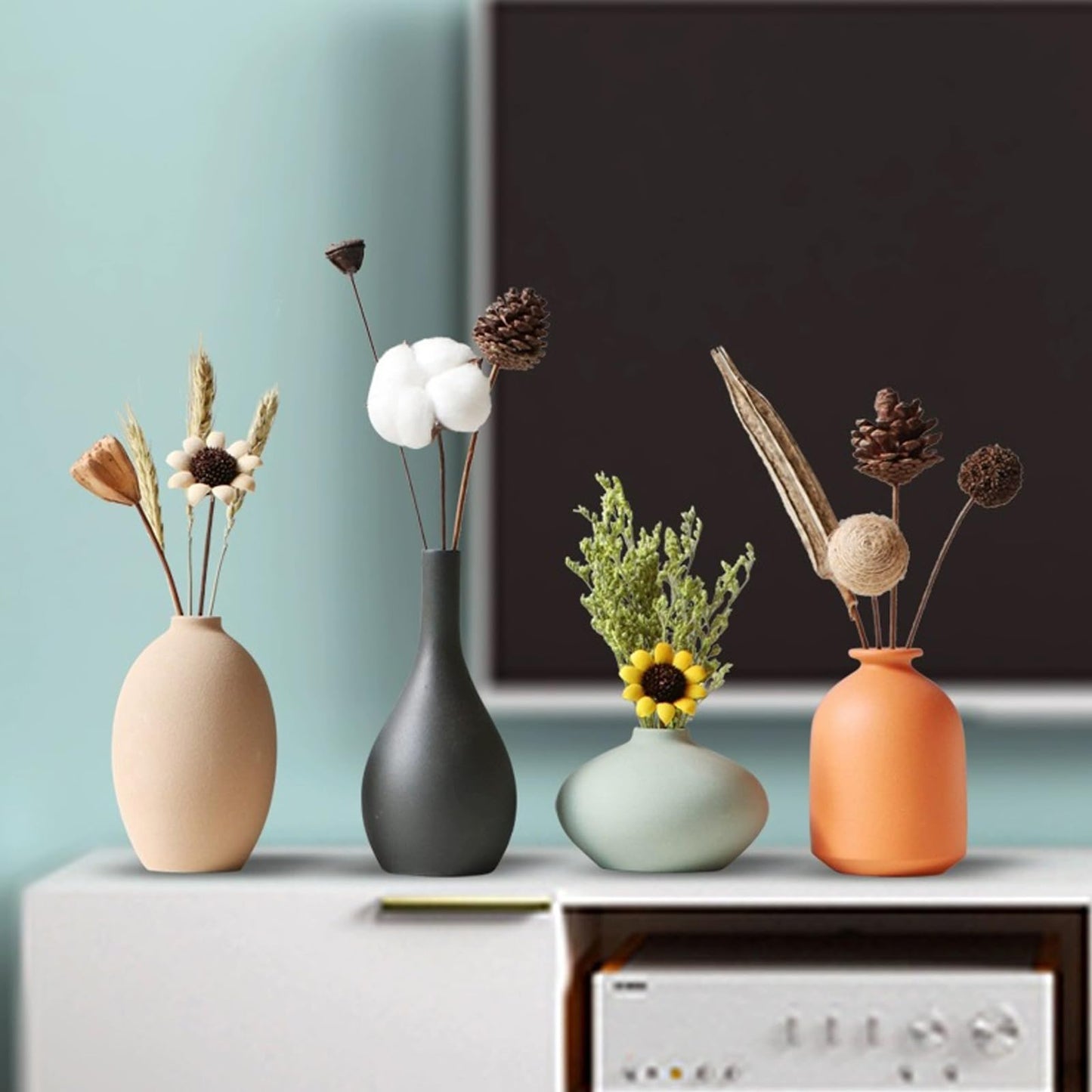 YAOBAOX Ceramic Vase Set of 4 with Dried Flowers Round Matte