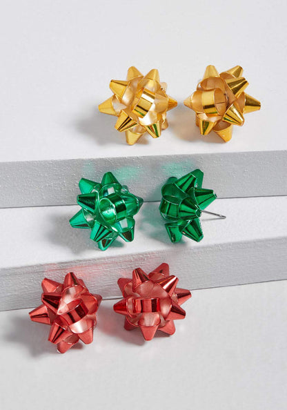 VK Accessories 3 Pair Bow Studs Christmas Earrings Santa Holiday Earrings Gifts for Women 3 Color(Green, Golden, Red)