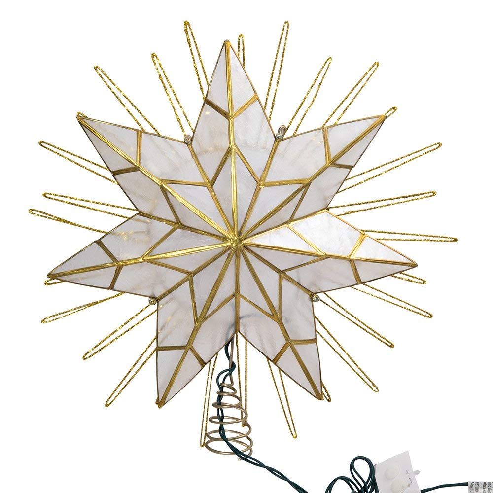 Kurt Adler 12" 7-Point Natural Capiz Lighted Tree Topper | Christmas Tree Star Topper | Gold Tree Topper Star with Lights | Light Up Star Christmas Tree Topper w/Wire Rays Accent (12 Inches, Gold)