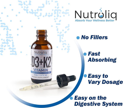 Nutroliq Vitamin D3 + K2 Liquid Drops - 4000IU Vit D3, 100mcg Vit K as MK7, MCT, Extra Virgin Olive Oil - For Immune & Bone Health, Better Energy, Calcium Absorption - Natural Peppermint Flavour, 60ml