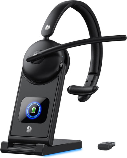 Wireless Headset with Mic for Work, Wireless Headset with Microphone (Noise Cancelling), Smart Mult-Func Dock, 65H Worktime&Fast Charge Bluetooth Headphones for Work/PC/Computer/Call Center/Teams/Zoom