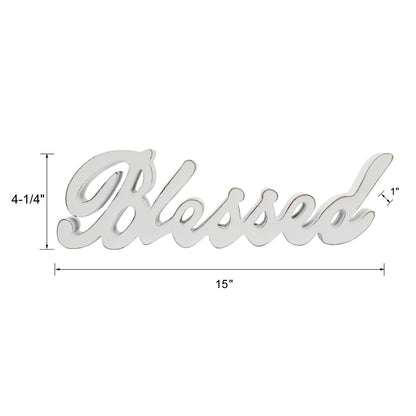 CVHOMEDECO. Blessed Sign Free Standing Wooden Words Sign for Gift and Table/Shelf/Home Wall/Office Decoration, Distressed White, 15 x 4-1/4 x 1 Inch