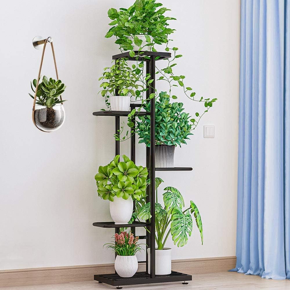 MTB Garden 5 Tier Metal Plant Stand for Indoor Outdoor Flower Pot Display Planter Shelf, Charcoal Grey