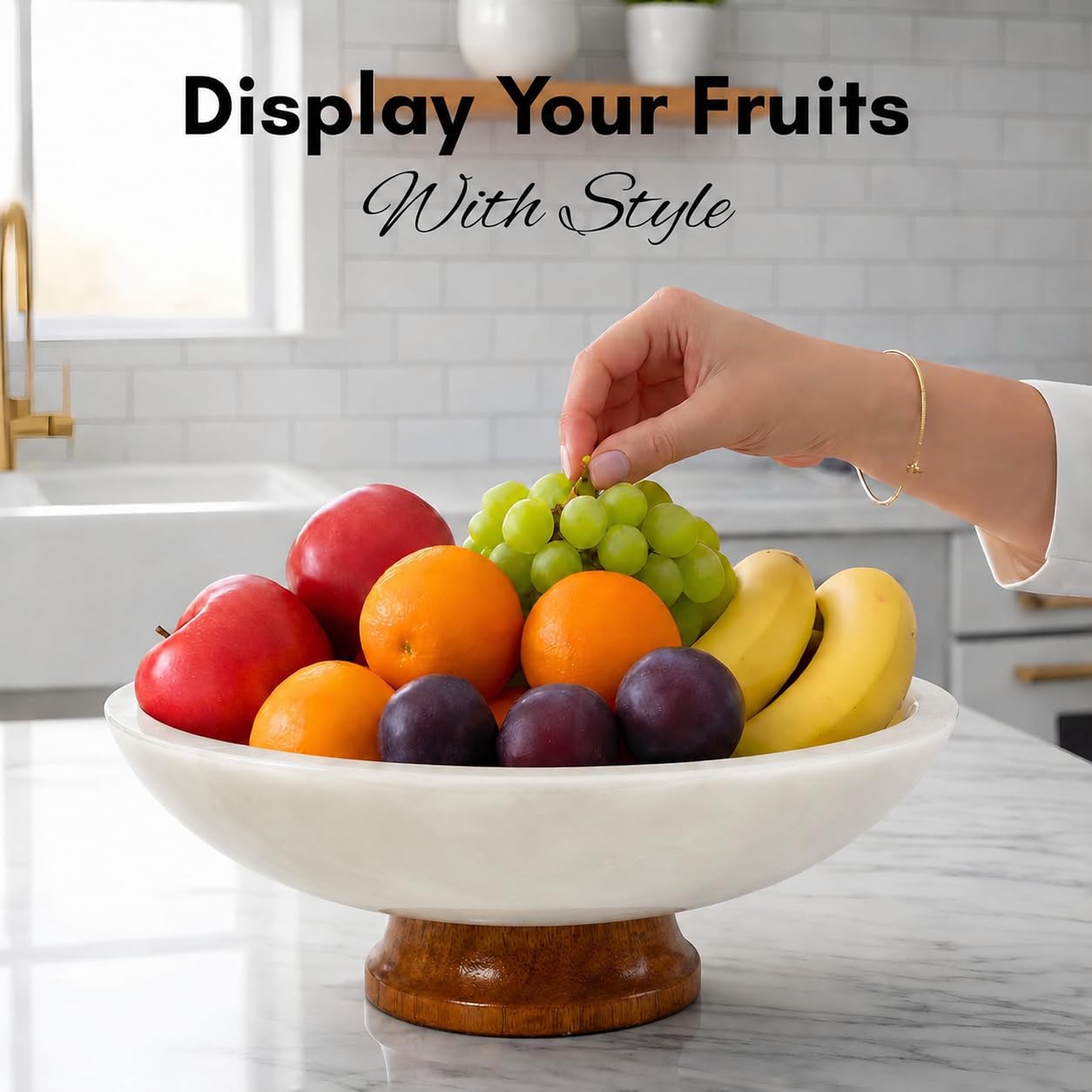 White Marble Fruit Bowl with Pedestal, 11" Large Decorative Centerpiece Bowl for Dining Table, Modern Kitchen Counter Fruit Bowl, Handcrafted Stone Marble Bowl, Luxury Home Decor Accent
