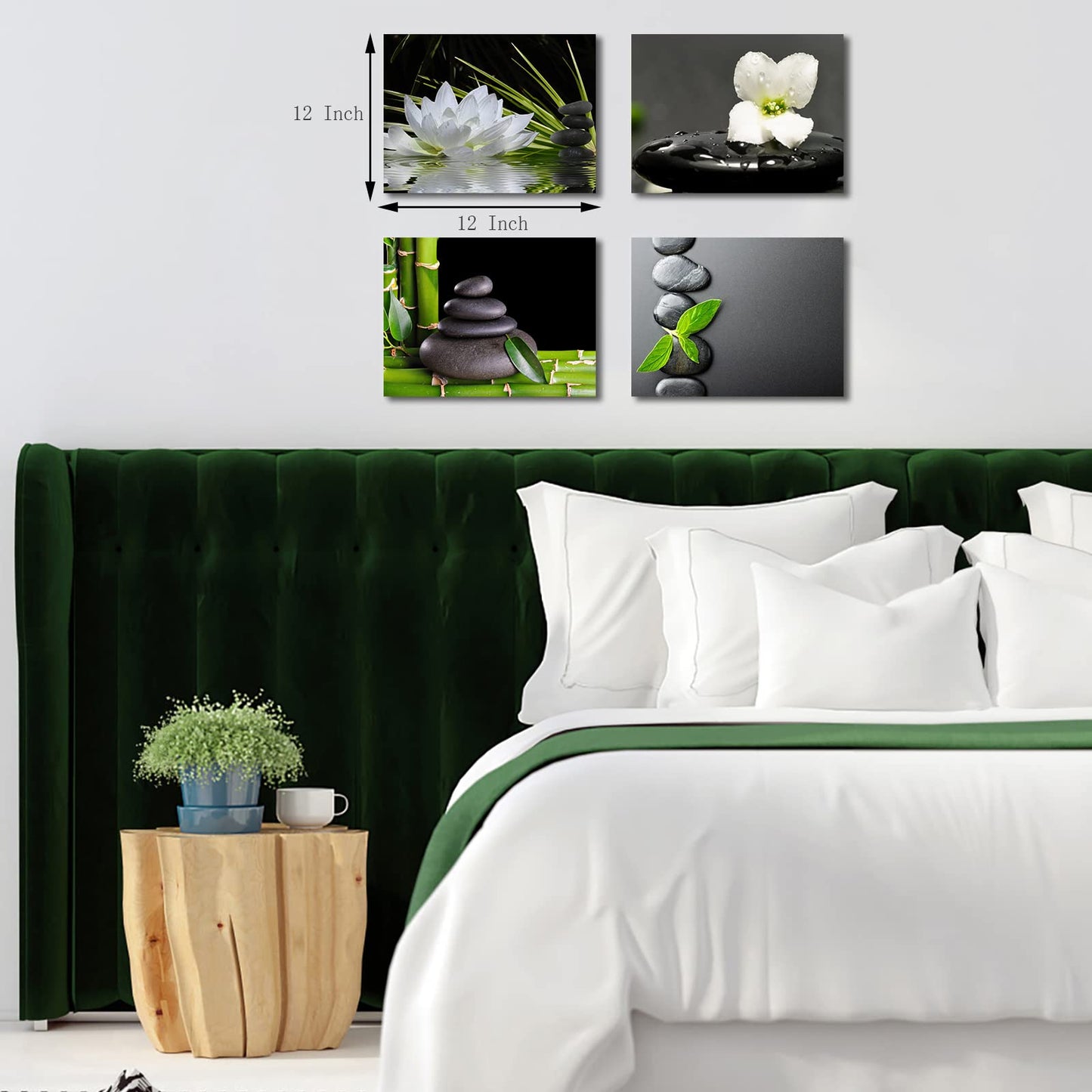 VVOVV Wall Decor Zen Wall Decor Zen Stone Elegant Lotus Flower Painting Green Bamboo Wall Pictures Bathroom Spa Room Decor Framed Gallery Wrap 12"x16"x4 Panels