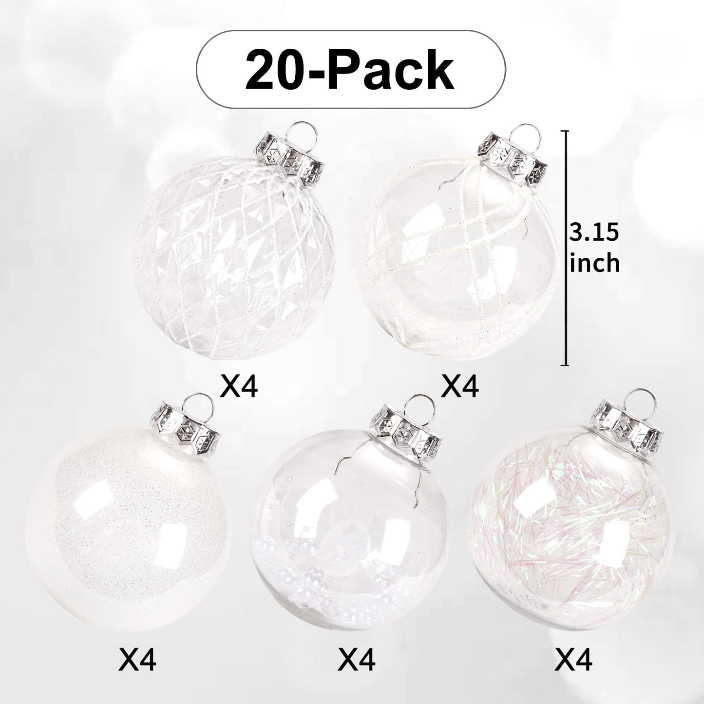 Christmas Ball Ornaments Set, 20ct Large Clear Shatterproof 80mm/3.15" White Christmas Ornaments for Christmas Tree Hanging Decorative Bauble for Halloween Thanks Giving Xmas Wedding Party
