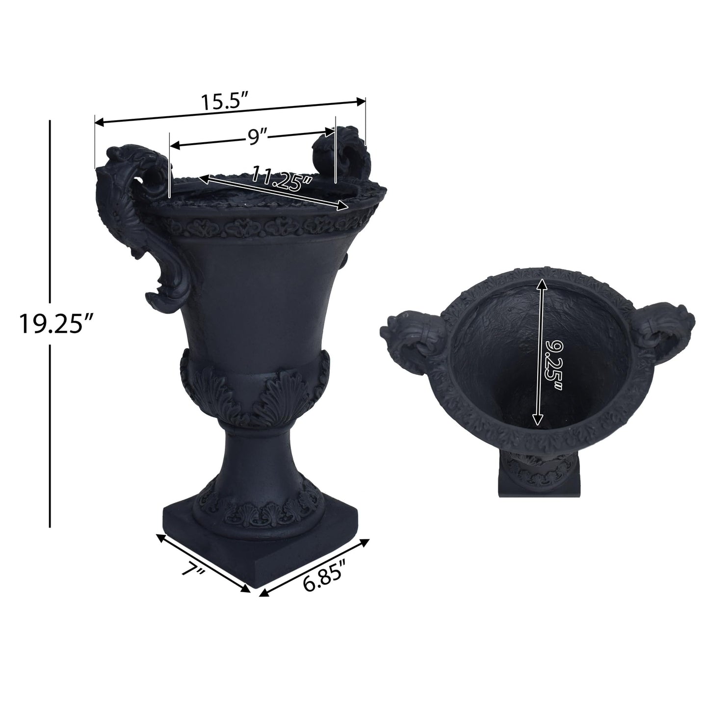 PETALORE Black Urn Planter, Tall Outdoor Flower Pots with Roman Botanical Design, Durable Magnesium Oxide Pedestal Planter for Garden, Patio, or Front Porch Decoration, Weather-