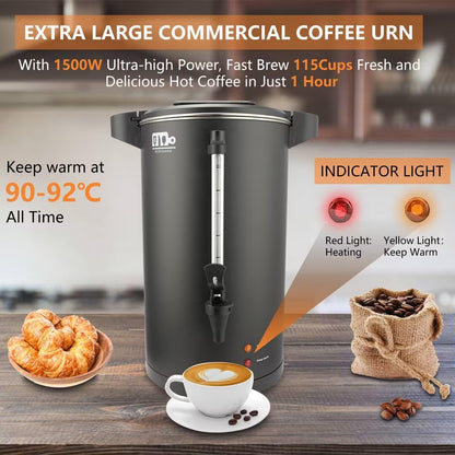 115-Cup 20L Commercial Coffee Urn, Festa Essential 1500W Double Wall Large Percolate Coffee Maker Stainless Steel Hot Water Urn Dispenser with Double Dripless Faucet, Quick-Brewing for Catering, Black