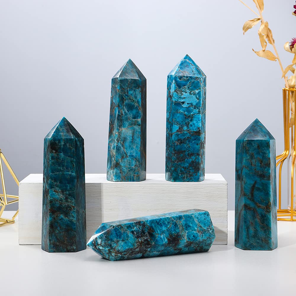 Runyangshi Large Blue Apatite Natural Healing Crystal Wand 4.72"-5" Crystals Tower 6 Faceted Single Point Crystal Prism Wand Natural Stones for Meditation Reiki Chakra Therapy Home Decor Gift