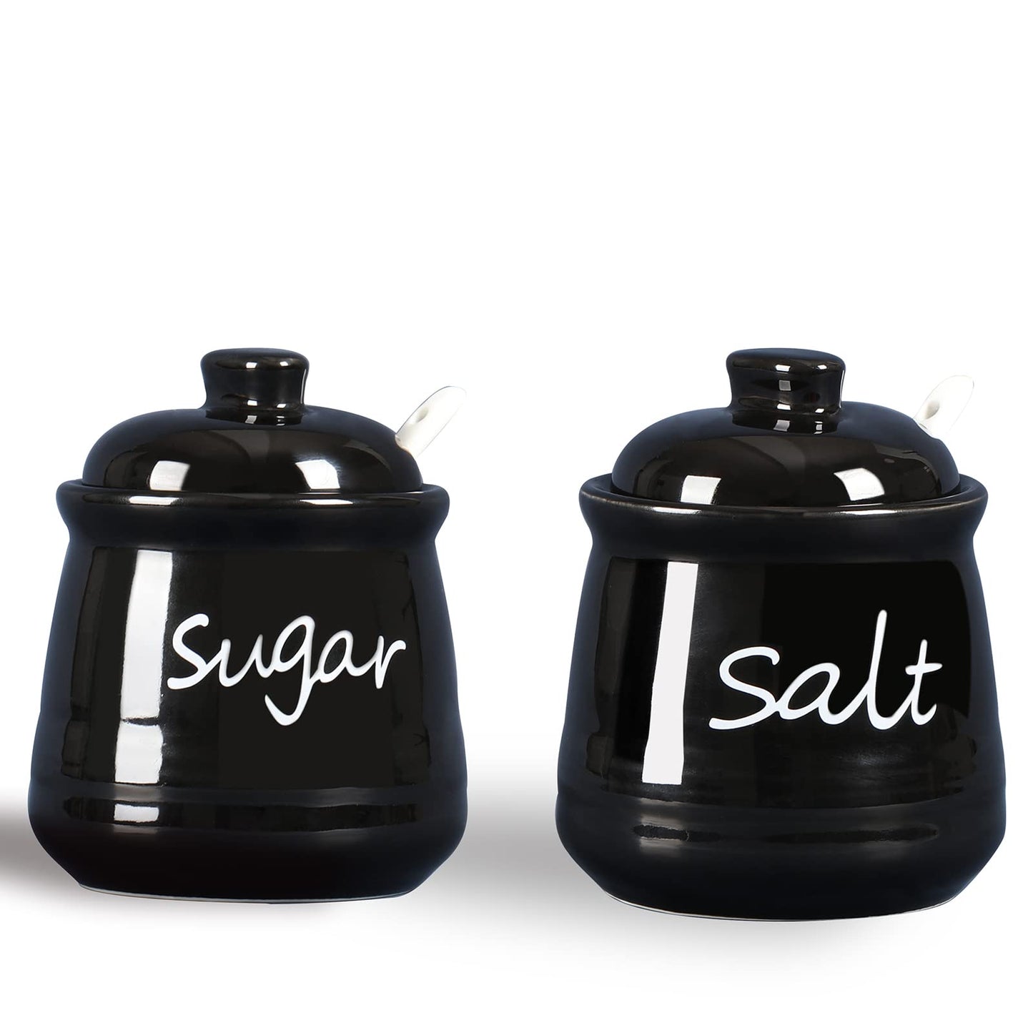 12oz Sugar and Salt Bowls with Lid and Spoon, Ceramics Condiment Pots,Seasoning Jar Spice Container for Kitchen,Dishwasher Safe (Black)