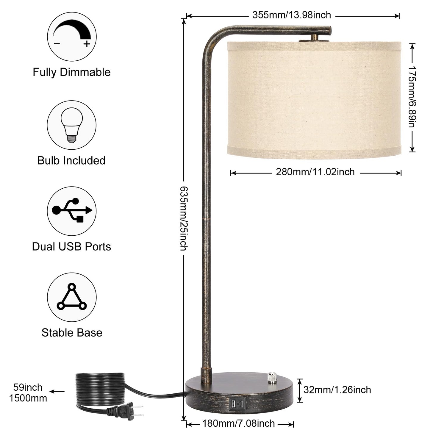 Seaside village Bedside Table Lamp with USB C+A Charging Ports, Fully Dimmable Industrial Tall Nightstand Reading Desk Lamp for Bedroom, Living Room, Office, 9W LED Bulb Included