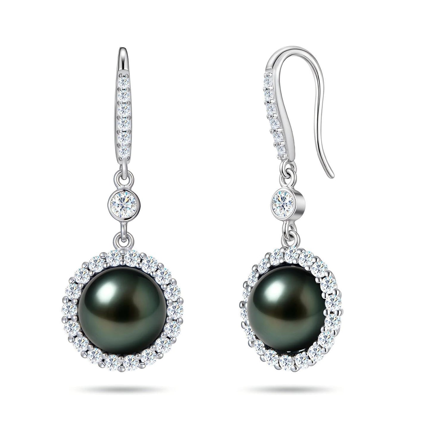 Genunie Tahitian Black Pearl Drop Dangle Earrings - Mother Day Mom Birthday Gifts for Wife Women Anniversary Wedding, AAAA 9-10mm Ocean-Grown Pearls Sterling Silver Unique Moissanite Jewelry
