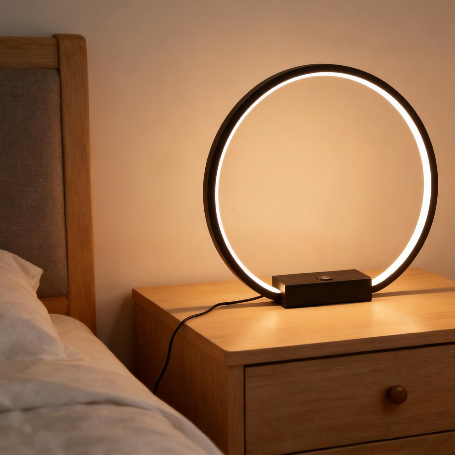 MASIVEL LED Circle Table Lamp Touch Control 3-Way Dimmable Bedside Nightstand Lamp with USB Port Modern Tabletop Lamps, 12W 3000K Warm Light, Desk Lamp for Bedroom Living Room, Black