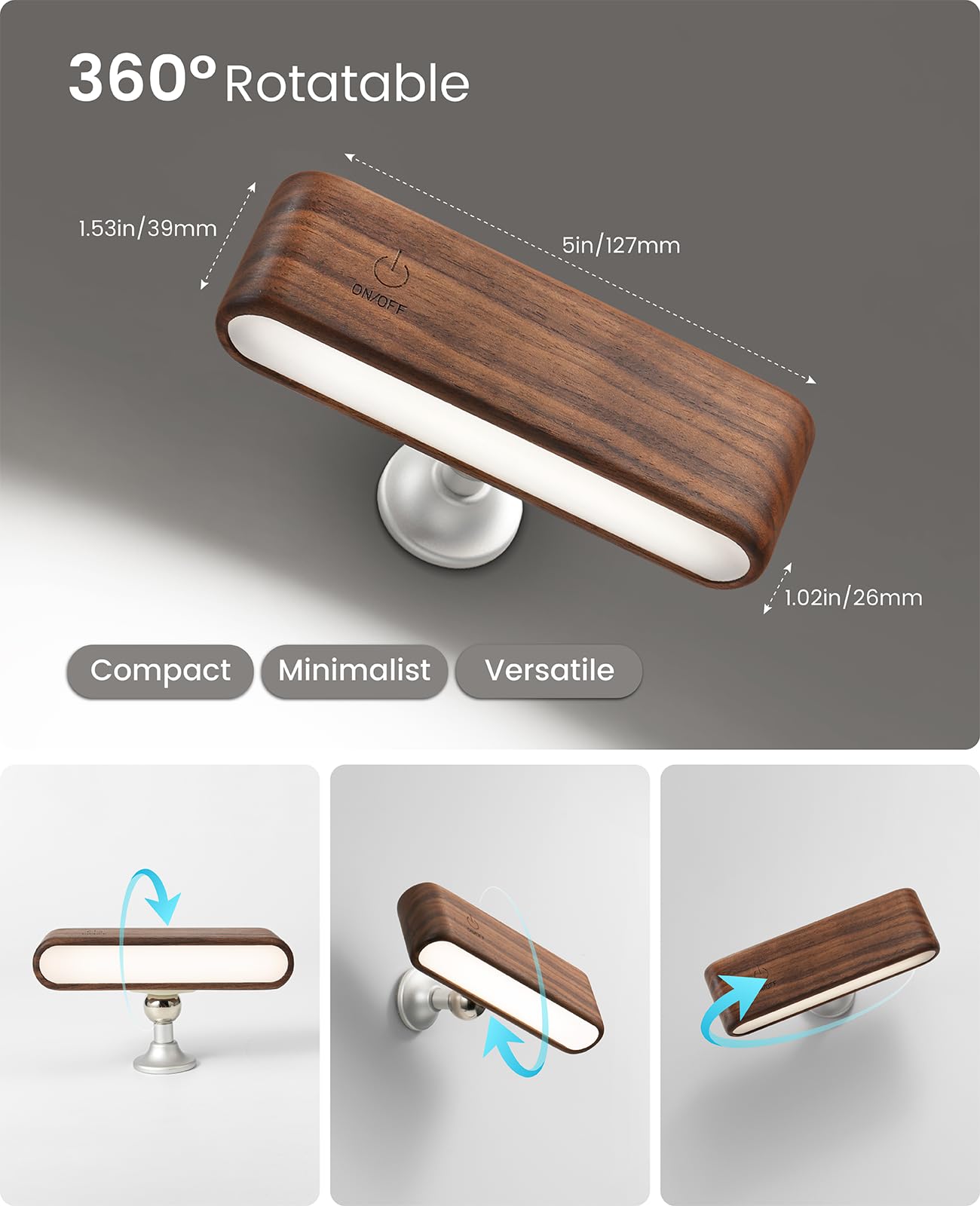 Wood LED Wall Sconce Magnetic 360°Rotate Mounted Mini Lamp Brightness Adjustable Nightlights Rechargeable Battery Powered Reading Light for Bedside Hallway Living Room Black Walnut Set of 2