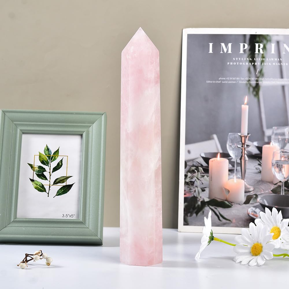 MOGEMT Large Rose Quartz Crystal Tower Natural Healing Crystal Point Wand Obelisk 6 Faceted Reiki Chakra Meditation Therapy Home Decor Gift 10-12 inch
