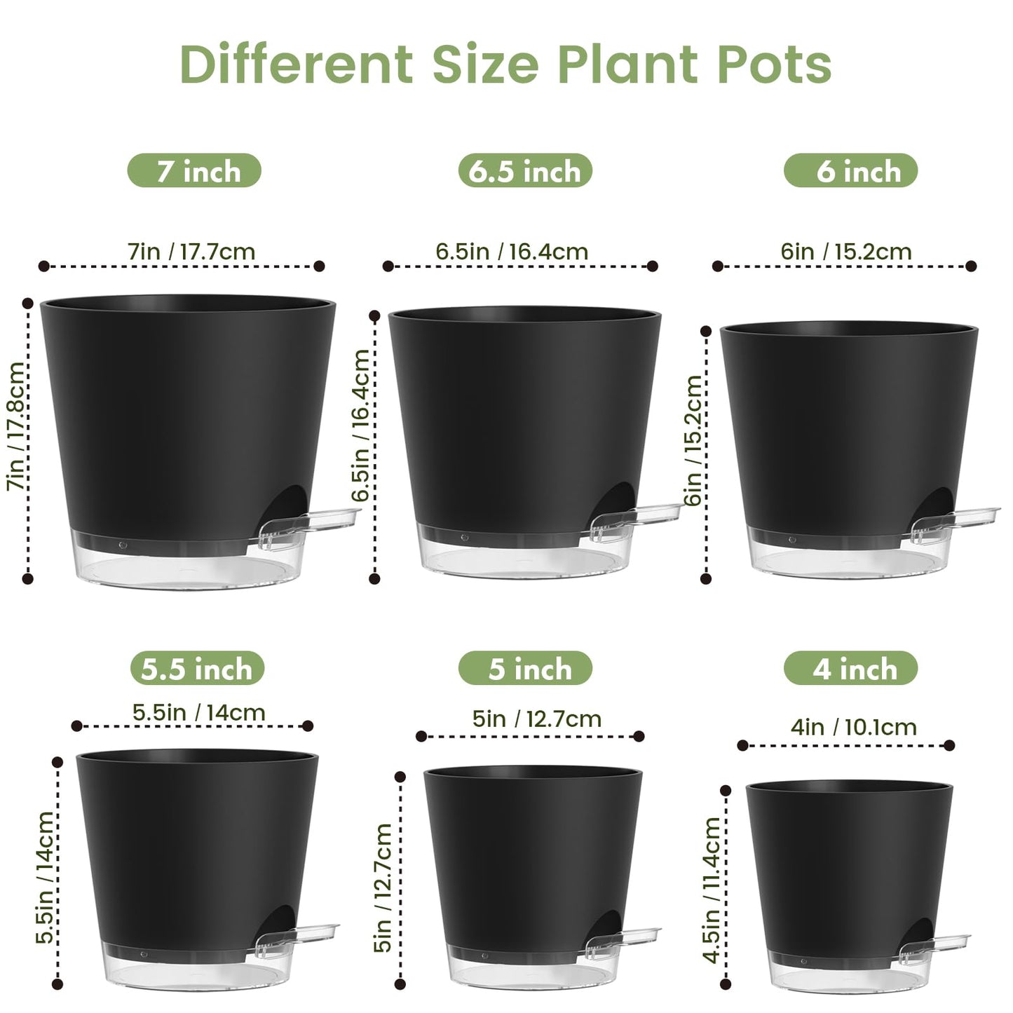 Meowell Self Watering Pots Pack of 6 – Different Size 4" to 7" Indoor Plant Pots with Drainage Holes and Clear Reservoir for Visible Water Level, Plastic Wicking Planters for House Plants, Black