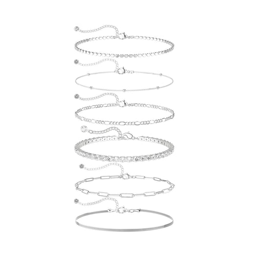 DEARMAY Silver Plated Bracelets for Women Trendy, Dainty Silver Plated Jewelry Set Waterproof Fashion Stackable Tennis Figaro Herringbone Paperclip Chain Bracelet Pack Stack Gifts for Womens