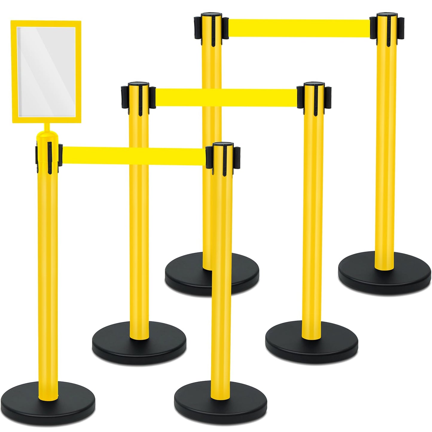 Therwen 6 Pack Heavy Duty Crowd Control Stanchions 9.8 ft Stainless Steel Stanchion Set with Safety Barrier Post Retractable Belt and Sign Holder Crowd Control Barrier(Yellow Belt, Yellow)