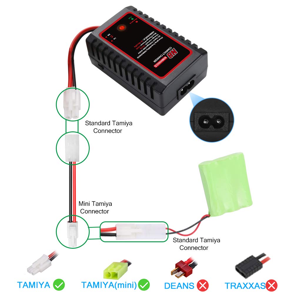 HTRC N8 NiMH Charger for 2-8s Nimh/NiCD Battery Pack(2.4V 3.6V 4.8V 6V 7.2V 8.4V 9.6V) of Airsoft RC Car RC Boat Drone,RC Charger for NiMH/NiCD Battery Pack with Standard/Mini Tamiya Connector
