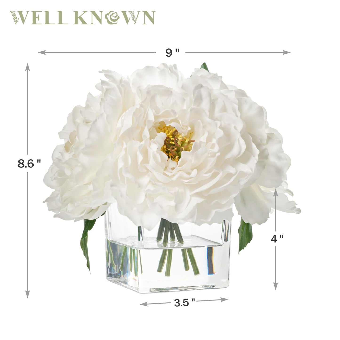 Artificial Peonies Flowers Arrangement in Cube Glass Vase, WELLKNOWN Ivory White Silk Flowers Centerpiece for Home Party Wedding Dining Coffee Table Decor, Faux Peony Flower Bouquet with Fake Water