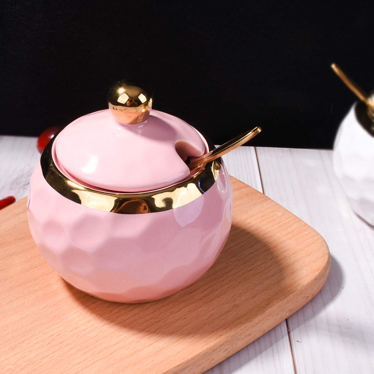 BOSILI 2-Piece Ceramic Sugar Bowl Set with Spoon and Lid, Hammered Condiment Jars for Countertop, Decorative Porcelain Salt and Spice Container Bundle For Sugar, Salt, Spices
