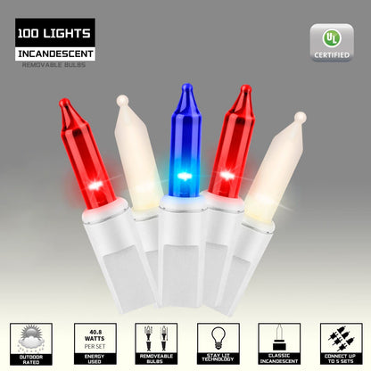 JUSTPRO 100LIGHTS RED White and Blue Extra-Bright with End Connectors 4th July Decoration Patriotic Mini String Lights 5.98m UL Certified Waterproof for Home Garden Holiday Tree Party Patio