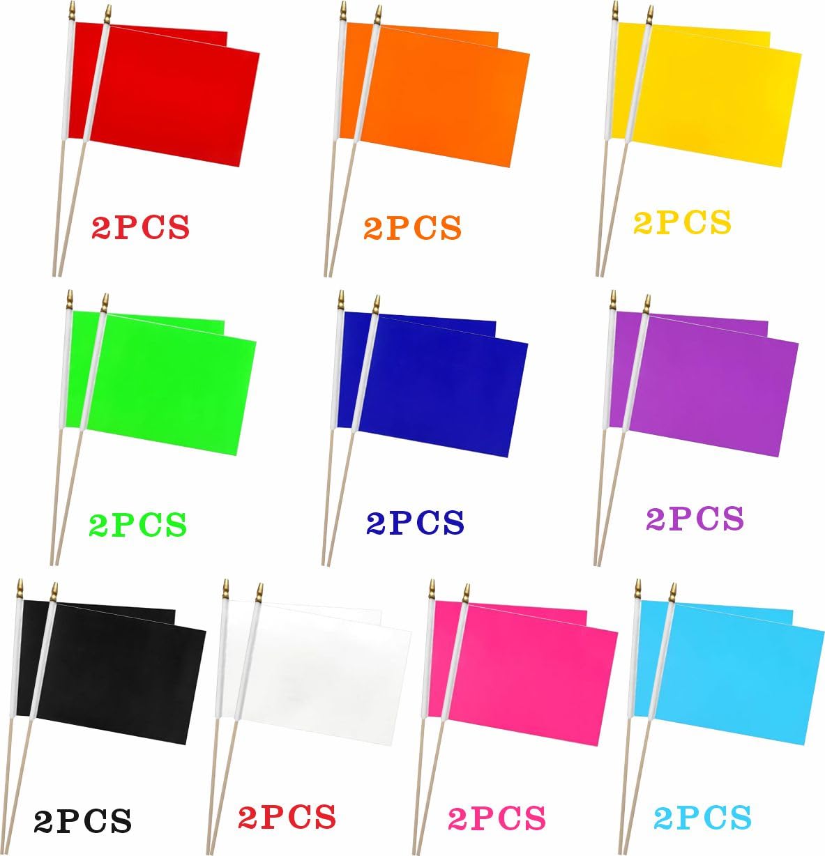 20 Pack Red Orange Yellow Green Blue Purple Black White Pink Small Mini Wood Stick Flag Set, 5x8 Inch Solid Color Blank HandHeld Small Miniature Plain Flags for DIY Graffiti