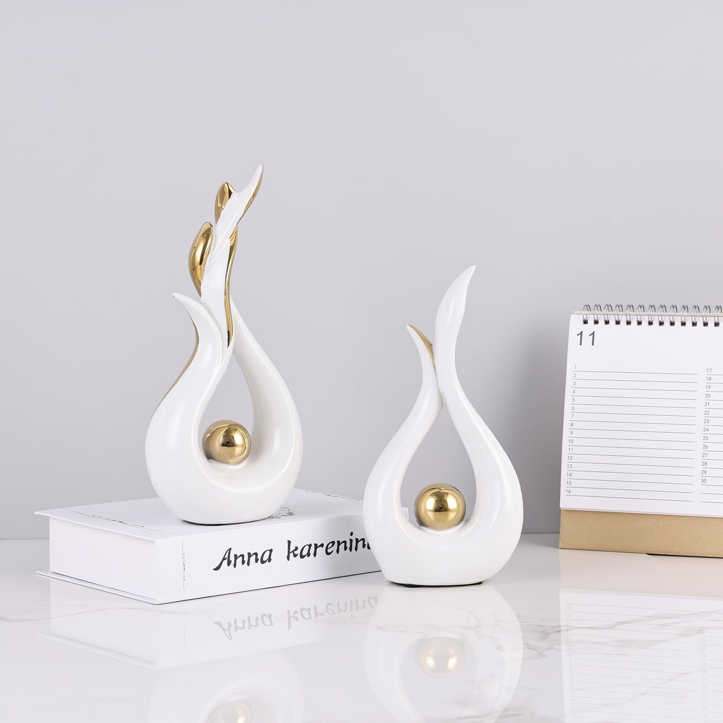 2PCS Abstract Flame Ceramic Sculpture Set – Modern Figurines for Living Room Table Centerpiece, Dining Table Decor, Bedroom Table Decor, Shelf Sculpture, Fireplace, and Home Decoration (White Gold)