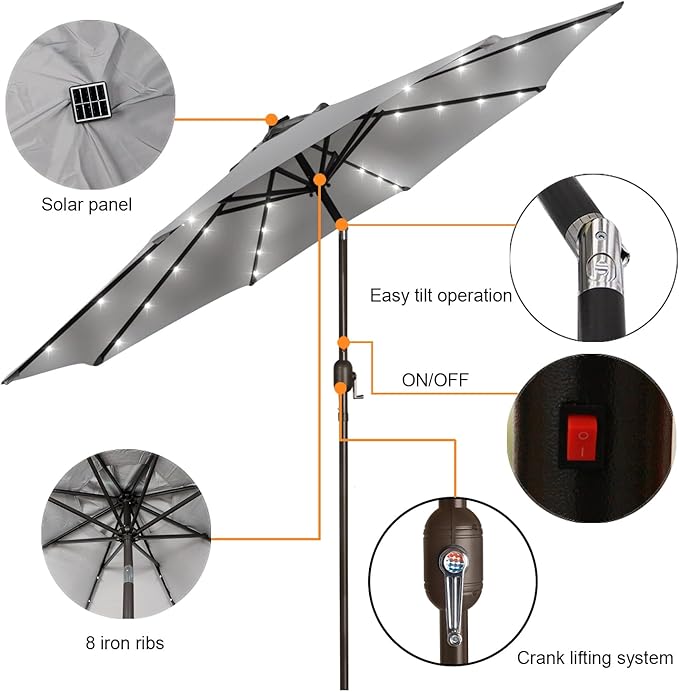 Blissun 9 ft Solar Umbrella, Patio Umbrella with 32 LED Lights, Table Market Umbrella, Outdoor Umbrella for Garden, Deck, Backyard (Light Grey)