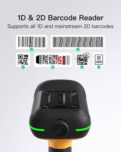 Inateck Industrial Barcode Scanner Wireless, 2D QR Code Scanner with Smart Charging Stand, IP67 Waterproof and Dustproof, Barcode Reader with 2600mAh Battery，Handscanner with App & SDK, BCST-75S