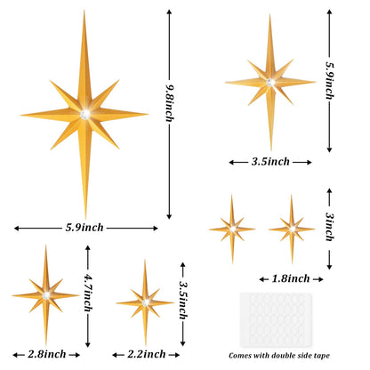 BreezeHug 6 Pcs Mid Century Modern Home Decor Star Art Wall Sculpture with Rhinestone Retro 3D Plastic Star Art Wall Sculpture Bling Diamonds Decor for Home Office Bedroom Entryway(Gold)