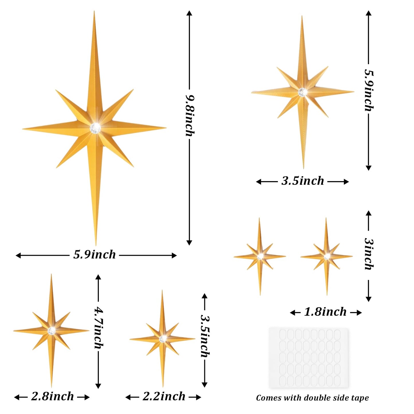 BreezeHug 6 Pcs Mid Century Modern Home Decor Star Art Wall Sculpture with Rhinestone Retro 3D Plastic Star Art Wall Sculpture Bling Diamonds Decor for Home Office Bedroom Entryway(Gold)