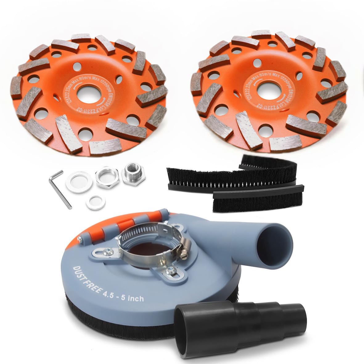 Wohenhao Dust Shroud for Angle Grinder 4.5-5 inch + 2 PCS Diamond Grinding Cup Wheel 5 inch + Replacement Brush, Universal Surface Grinding Shroud Kit for Various Surfaces