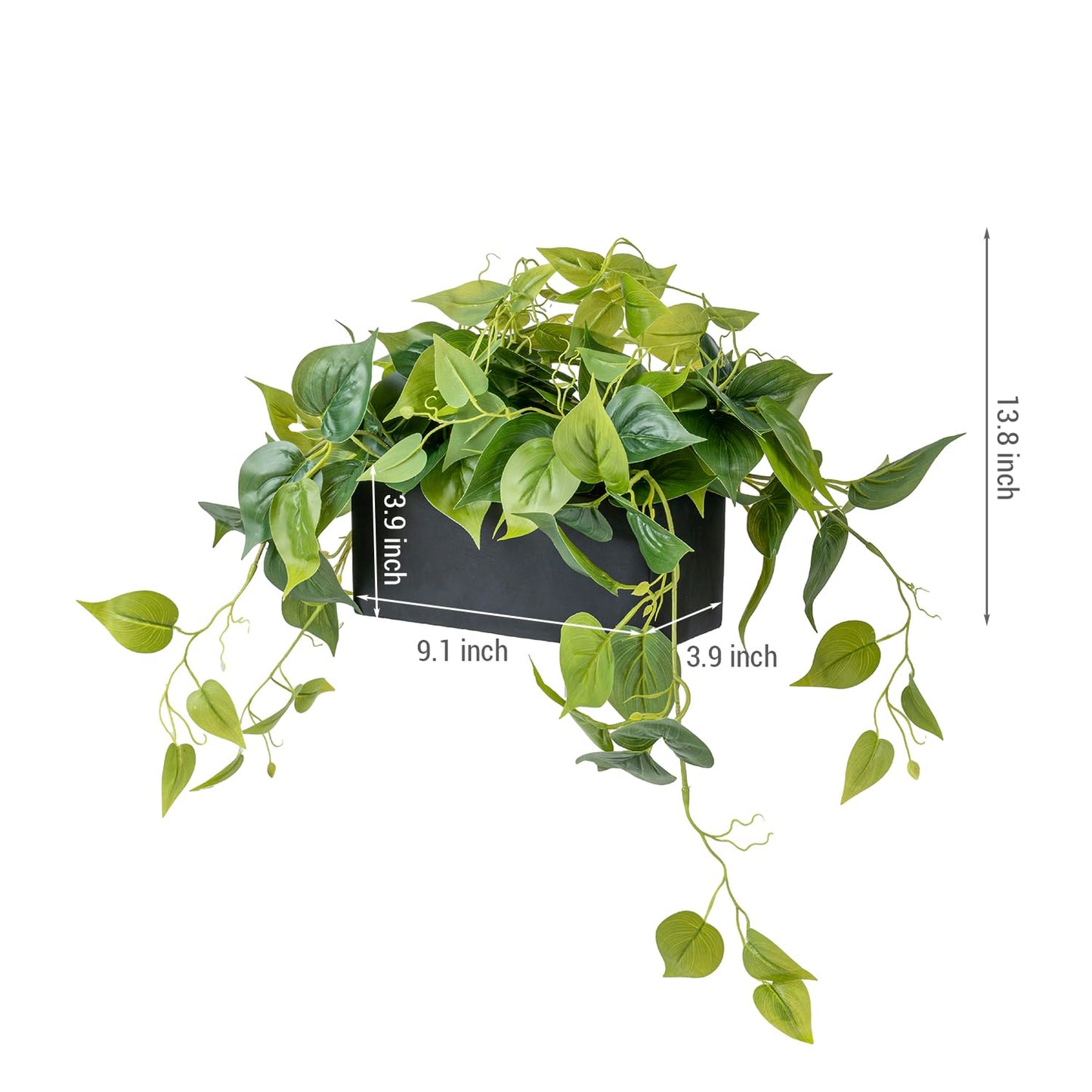MyGift Vibrant Lifelike Artificial Plant Pothos Leafy Vine Greenery in Black Concrete Rectangular Planter Box