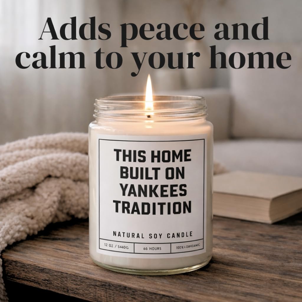 This Home Built on Yankees Tradition Sports Candle - Scented Soy Wax Candle (8.0 oz) 50-60 Hour Burn Time, Cotton Wick, Frosted White Glass Jar