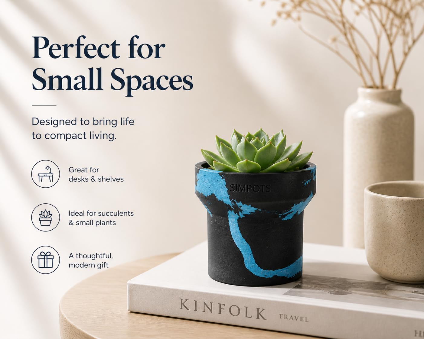 ONE ART Modern Planter Pot, Stone & Recycled Ocean Plastic, Frost Proof Indoor Outdoor Plant Pot for Succulents Flowers Herbs, Unique Hand-Finished Pattern, Lightweight Minimalist Decor (Small)