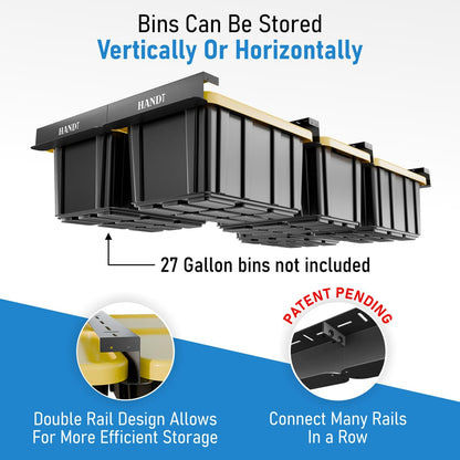 USA Based Overhead Garage Storage Rack, Connectable Heavy Duty Metal Ceiling Rails Garage Storage Organization Shelving System, Hanging Racks Tote Containers, Supports Up To 6 Bins, 4 Sets Black