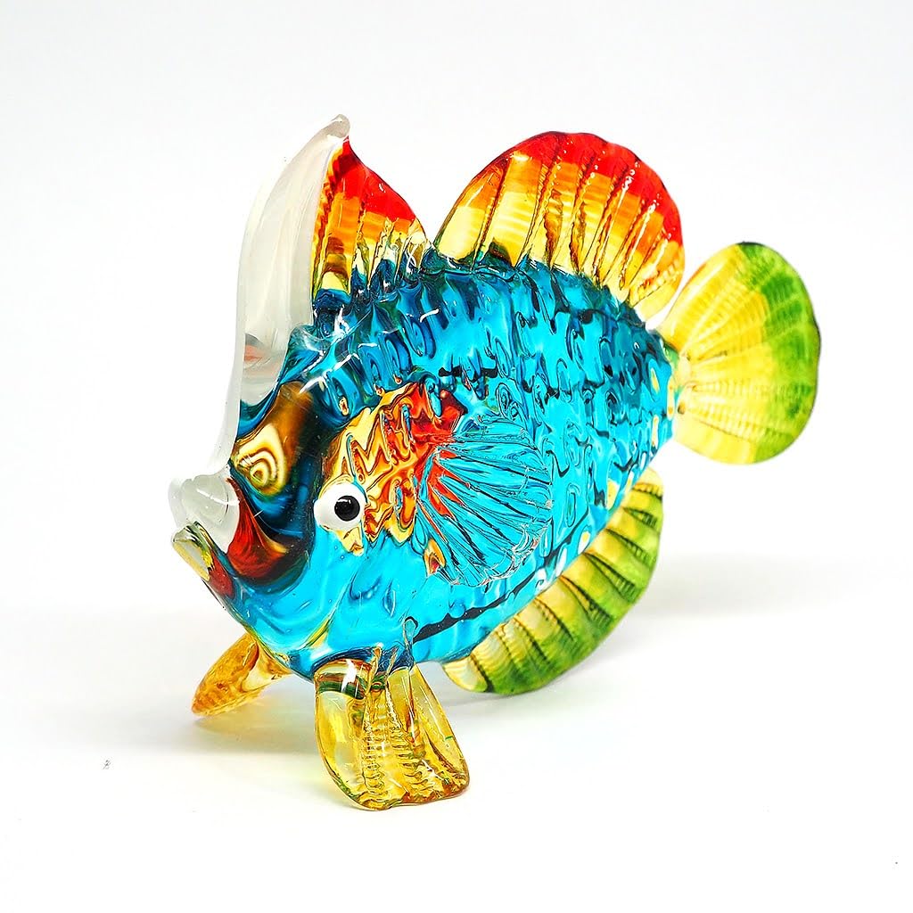 ZOOCRAFT Blown Glass Fish Figurine, Hand Painted Sea Creature Gift Ornament, 2.6" Tall Blue/Green Coastal Decor