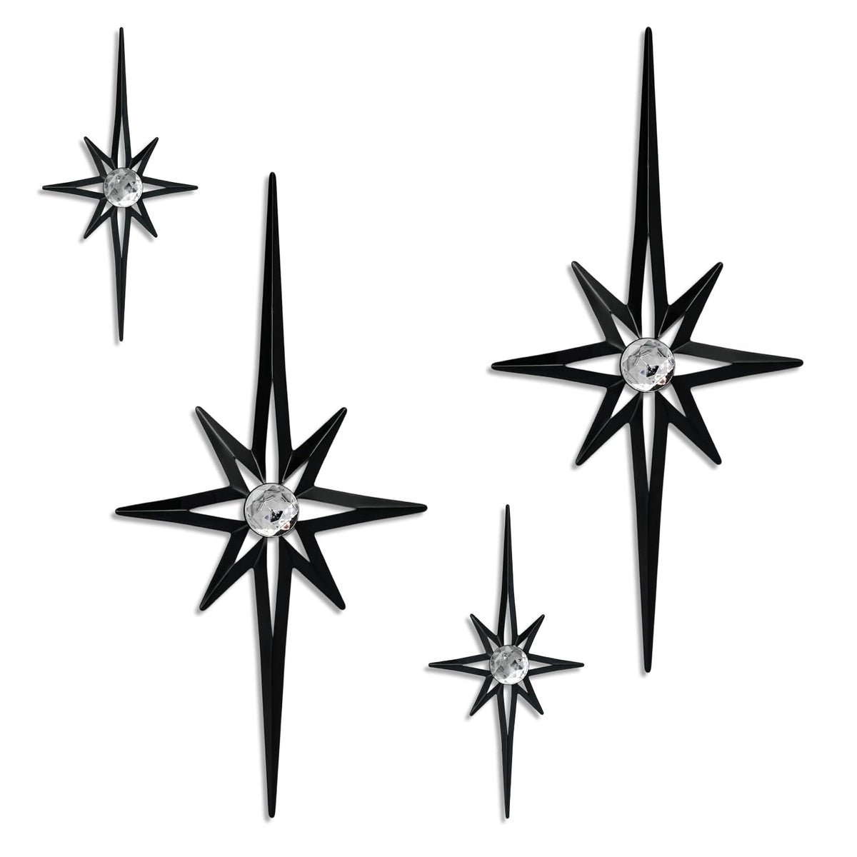 sxnzequnze 4 Pcs Star Wall Art for Home Decor Living Room Bedroom Office Metal 3D,Bling,with Hanging Hook Starburst Midcentury Sculpture Retro Gallery Accent Celestial -Black 16.5in/9.4in