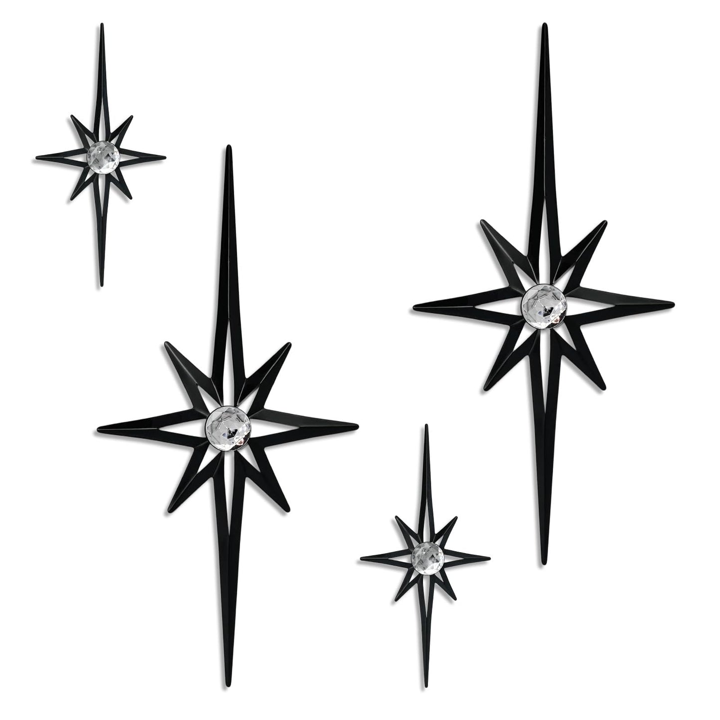 sxnzequnze 4 Pcs Star Wall Art for Home Decor Living Room Bedroom Office Metal 3D,Bling,with Hanging Hook Starburst Midcentury Sculpture Retro Gallery Accent Celestial -Black 16.5in/9.4in