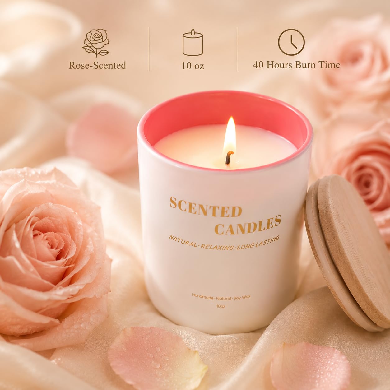 Lanttu Rose Scented Candle for Home Decor, 10 oz Natural Soy Wax Jar Candles, 40 Hours Long Lasting Burning Candles for Women Mom Friend Birthday Housewarming Gift