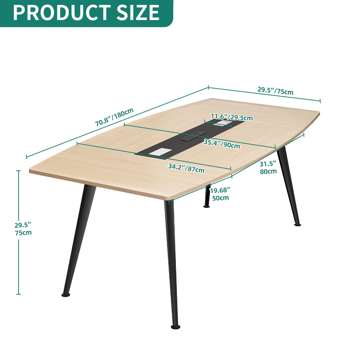 YITAHOME 6FT Conference Table with Power Outlets, 70.8 Inches Boat Shaped Meeting Table with Rectangle Grommet, Modern Seminar Table for Office Conference Room, Boardroom Desk, Light Wood Grain
