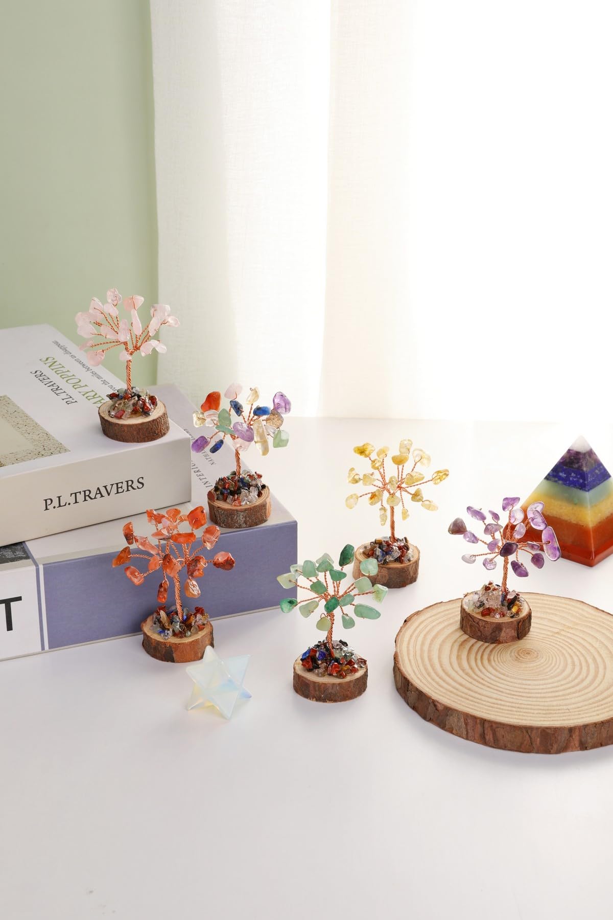 Jovivi 12pcs Chakra Crystal Tree Set, Tree of Life Gemstone Money Trees w/Wooden Base,Natural Healing Crystals Stones for Positive Energy Good Luck Home Office Decor for Women Mom Birthday Gifts