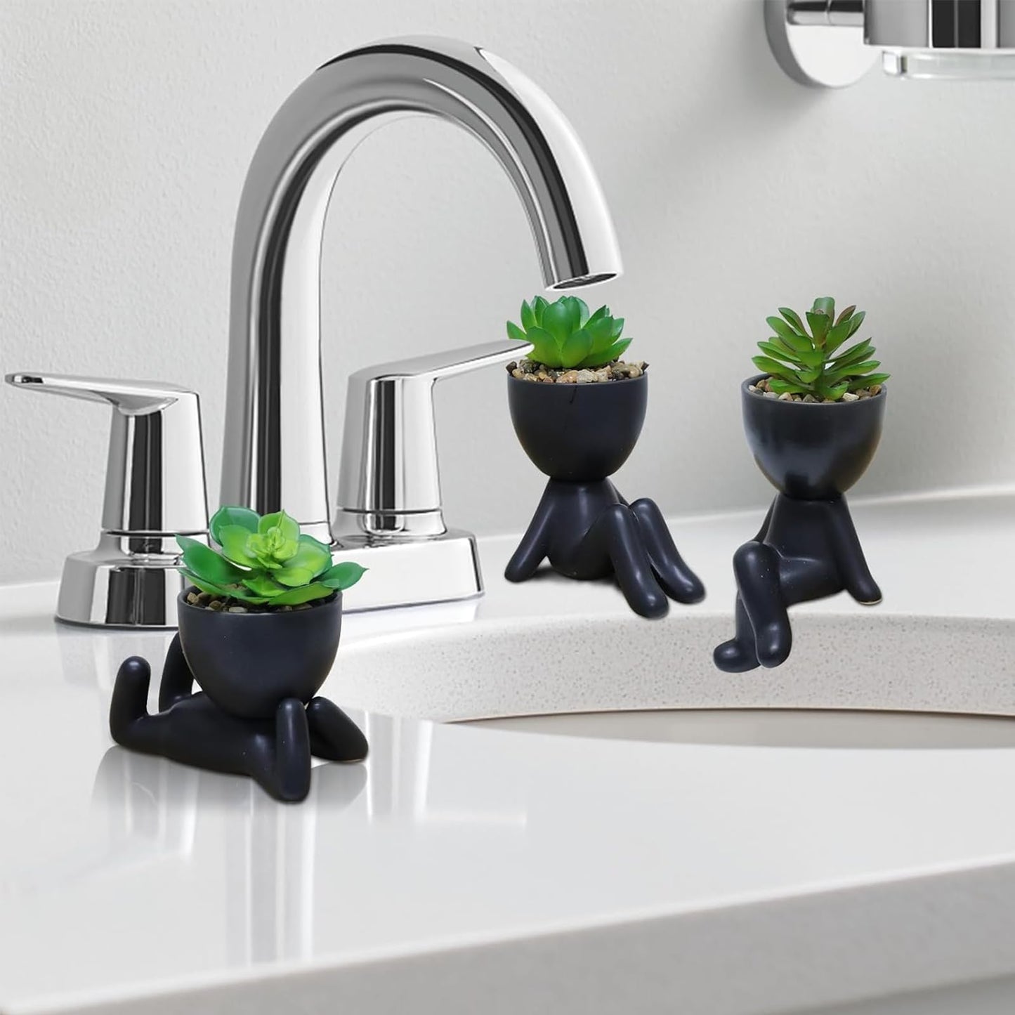 Zerzsy 3 PCS Cute Artificial Succulent Plants with Creative Ceramics Human Shaped Pots, Mini Potted Plants Black Bathroom Fakeplants, Faux Succulent Desk Decor for Home Office Shelf Decor