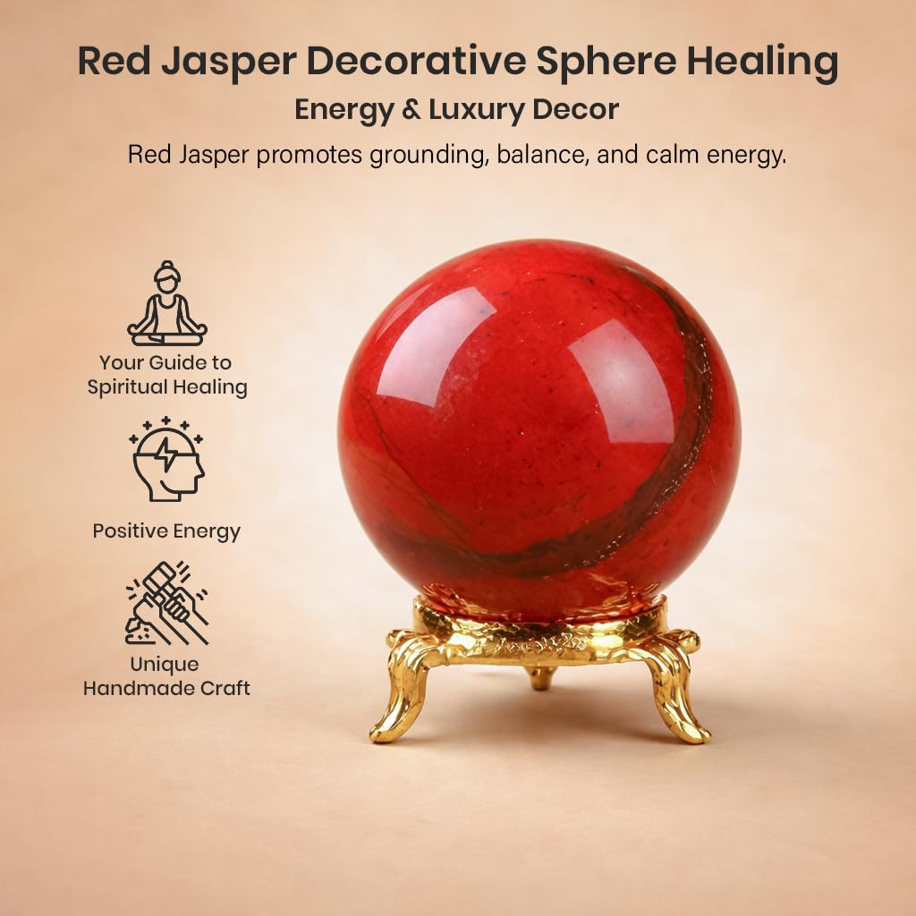 Crocon 55mm Red Jasper Stone Sphere Ball with Metal Stand 1400+ Carats Gemstone Ball Healing Sphere Sculpture Figurine for Fengshui Divination Home Decoration Photography Crystal Sphere