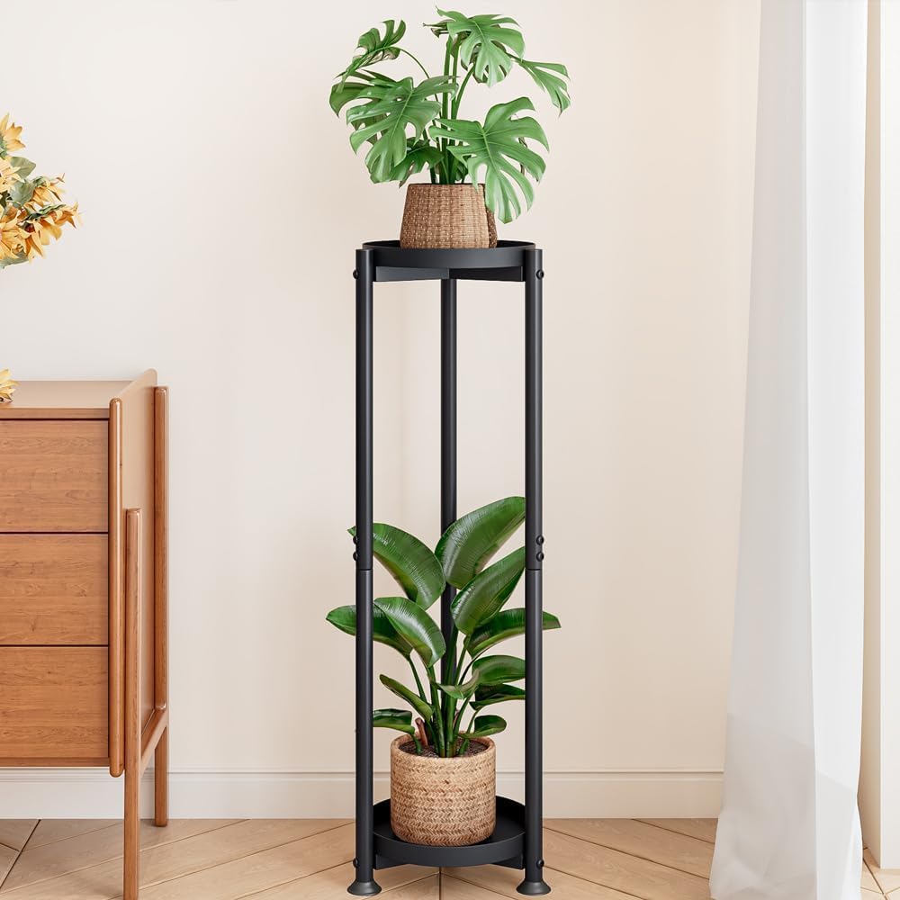 YIZAIJIA Plant Stand Indoor Outdoor Corner Tall 2 Tier Metal Tiered Single Small Plant Stands Sturdy Shelf for Living Room Balcony Garden,Black