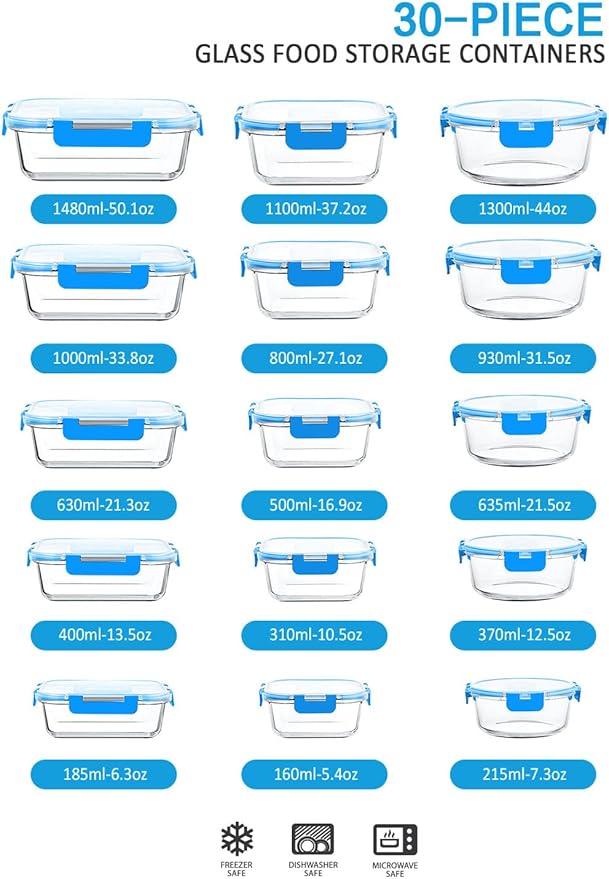 M MCIRCO 30 Pieces Glass Food Storage Containers