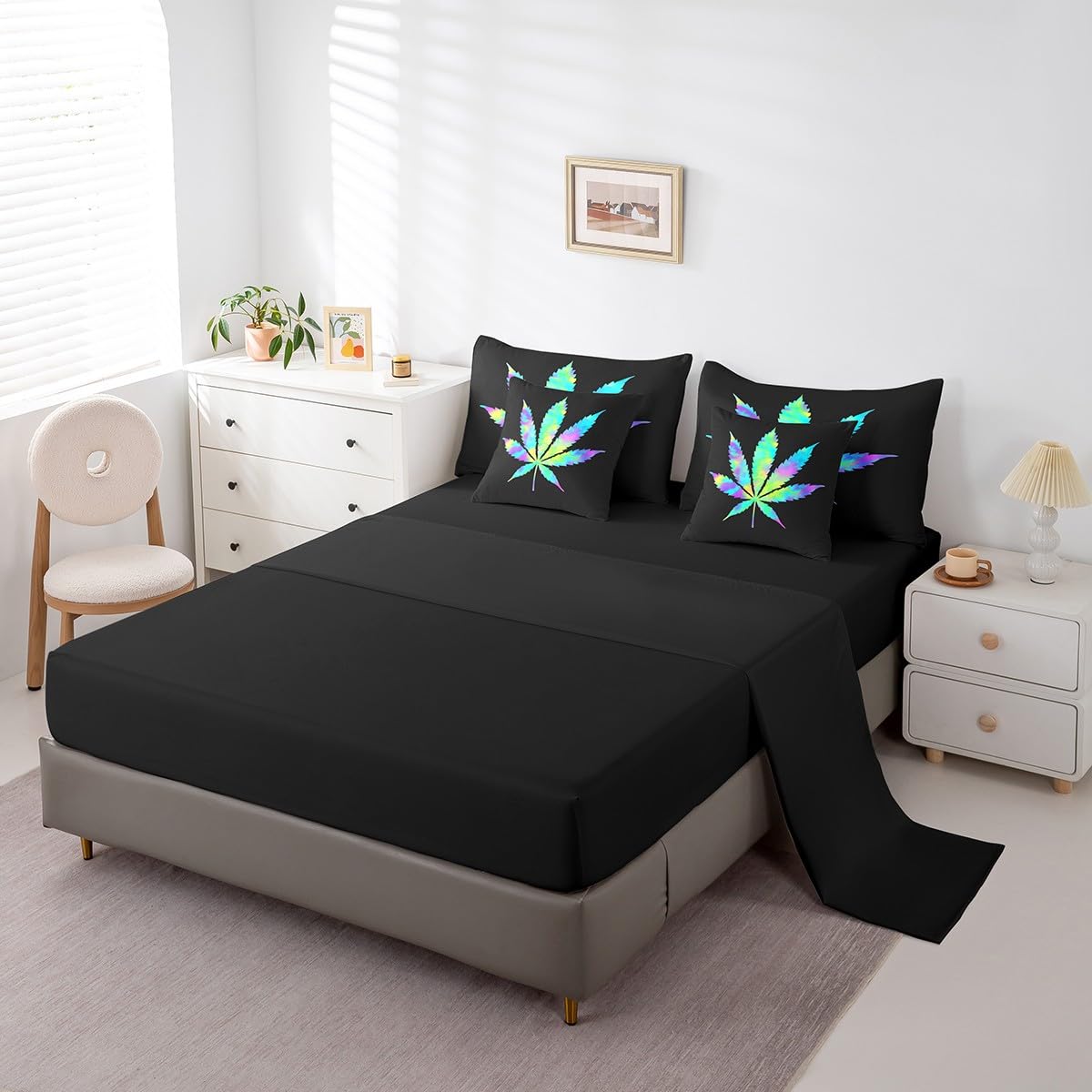 Erosebridal Leaves Full Size Bed Sheets and Comforter Set,Leaf 7 Piece Bedding Set Rainbow Botanical Bed in a Bag, Artwork Plant Bed Sets