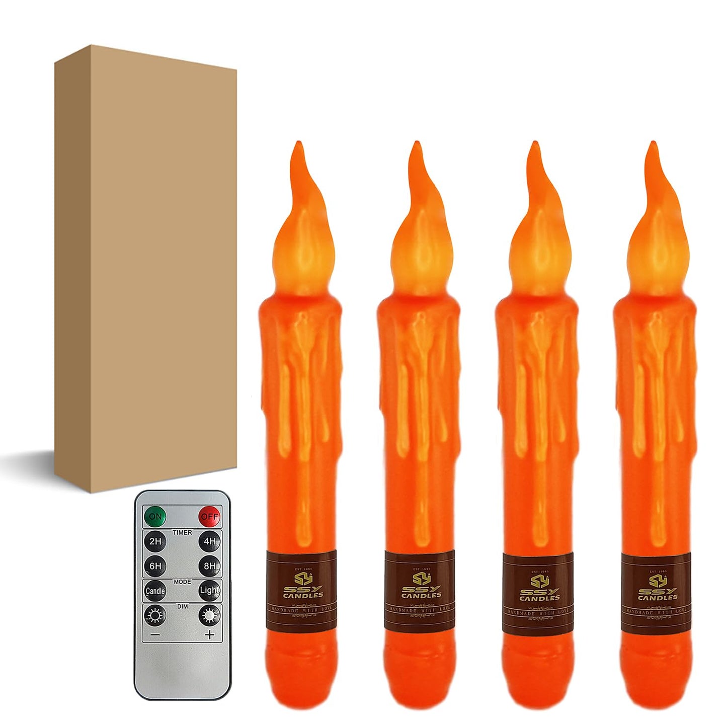 FCMSHAMD Orange Flameless Short Taper Candles, Real Wax Hand Dipped LED Battery Operated with Remote, Flickering Flame Lights for Festival Party Home Décor, 6.7 Inch Primitive Flameless Candles, 4PCS